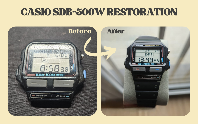 Casio SDB-500W digital watch restoration – before and after comparison showing cleaned case and working display