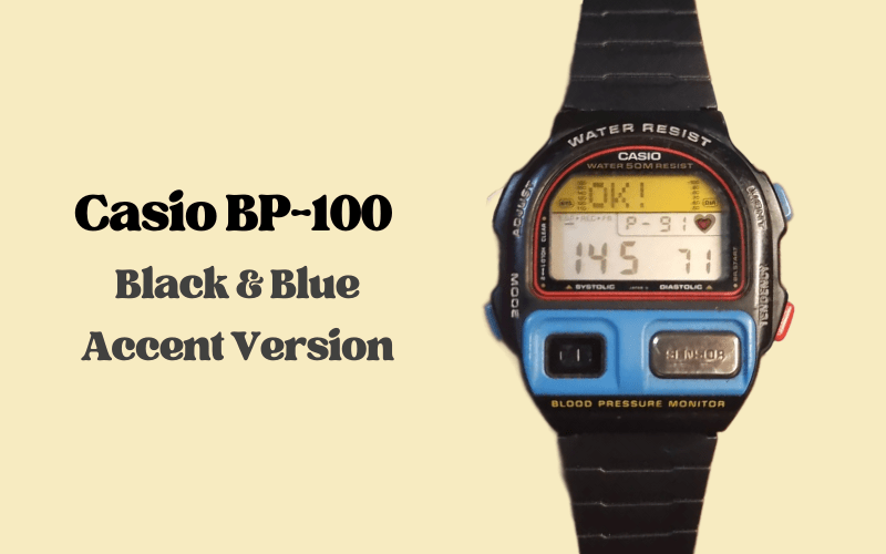Casio BP-100 digital watch with black strap and blue accent bezel.
