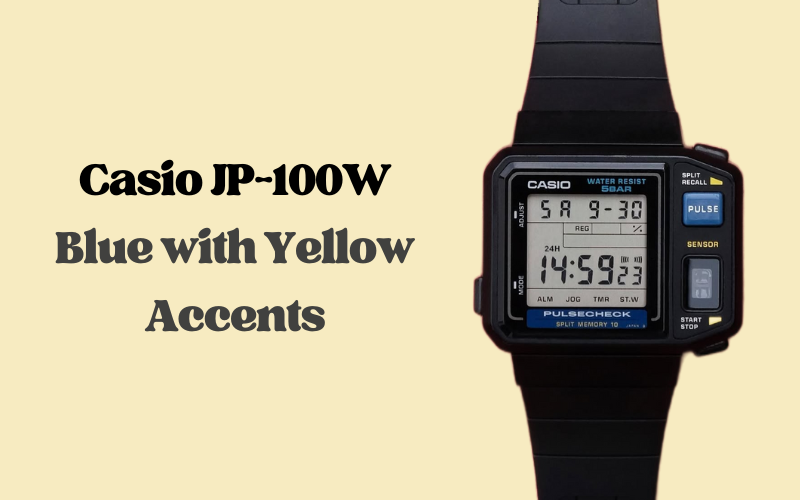 Casio JP-100W blue Pulsecheck version with yellow accents.