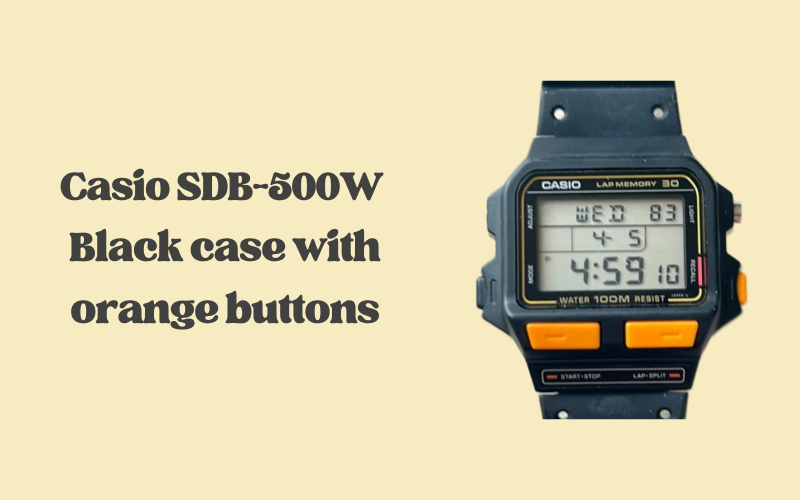 Casio SDB-500W black case with orange buttons, rare vintage Casio