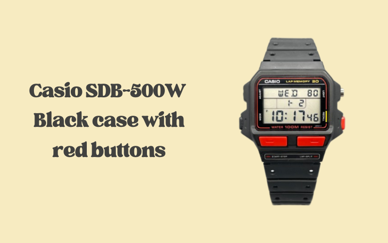 Casio SDB-500W black case with red buttons, sporty vintage Casio