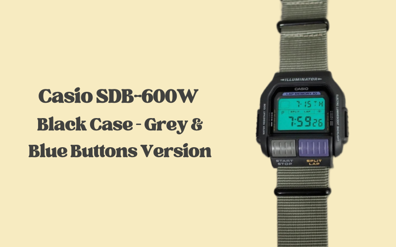 Casio SDB-600W black case with grey and blue button version of the vintage digital sports watch