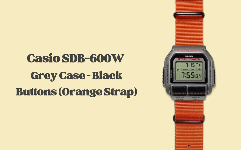 Casio SDB-600W grey case with black buttons on orange strap