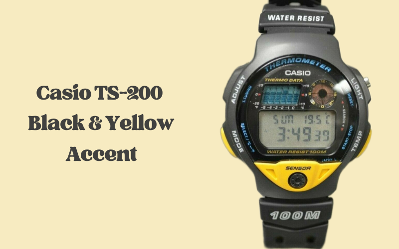 Casio TS-200 digital thermometer watch with black case and yellow button accents.