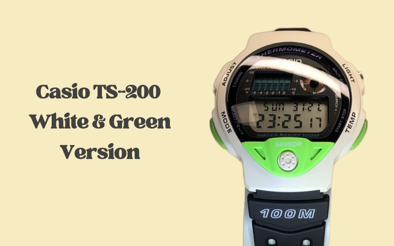 Casio TS-200 white case with green accents and thermometer sensor.