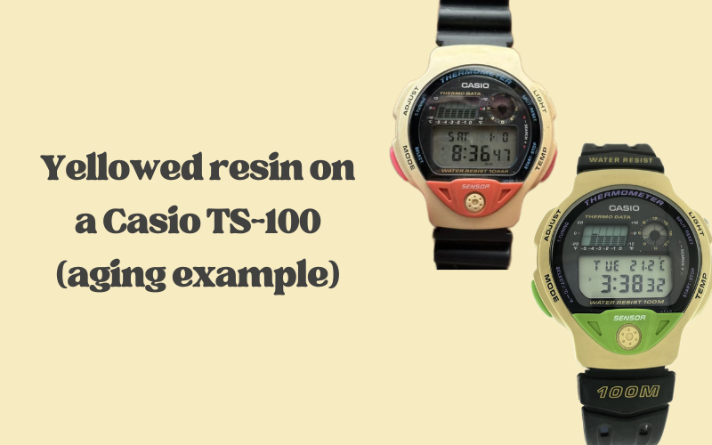 Aged Casio TS-100 with yellowed resin case compared to original white.