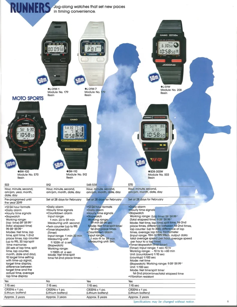 Casio SDB-300W catalog scan showing technical specifications with lap memory and 50M water resistance