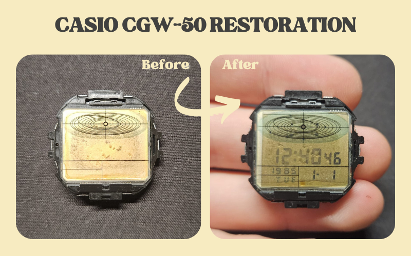 Restored Casio CGW-50 digital watch module showing clean LCD display after repair.