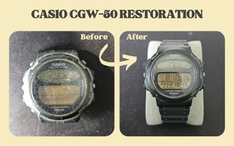 Restored Casio CGW-50 digital wristwatch after full cleaning and refurbishment.
