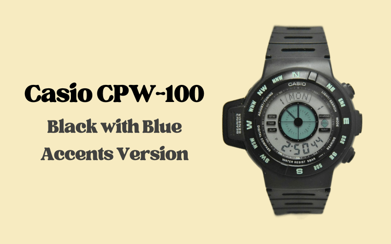 Casio CPW-100 black digital compass watch with blue accent details on bezel and strap.