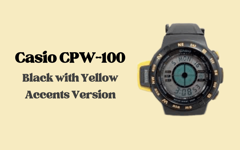 Casio CPW-100 black compass watch featuring yellow accent buttons and markings.