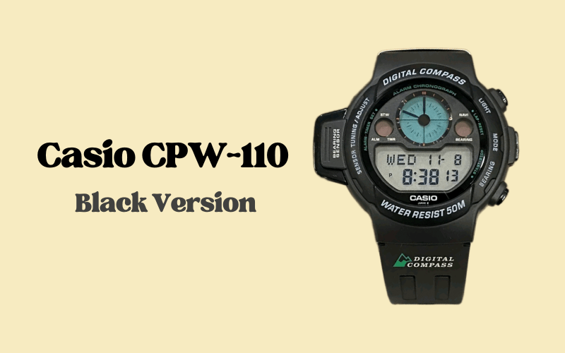 Casio CPW-110 black digital compass watch with dual display and 50M water resistance.