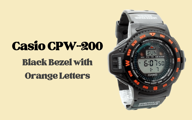 Casio CPW-200 digital compass watch with black bezel and orange compass markings.