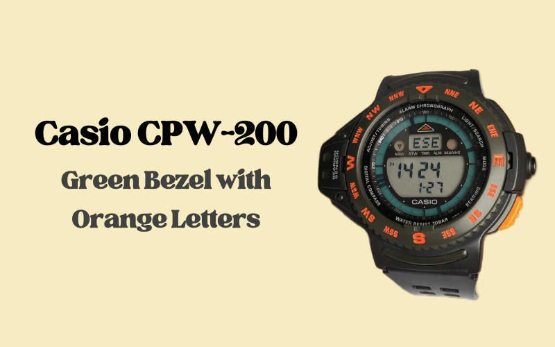 Casio CPW-200 with green bezel and orange compass letters on digital display.