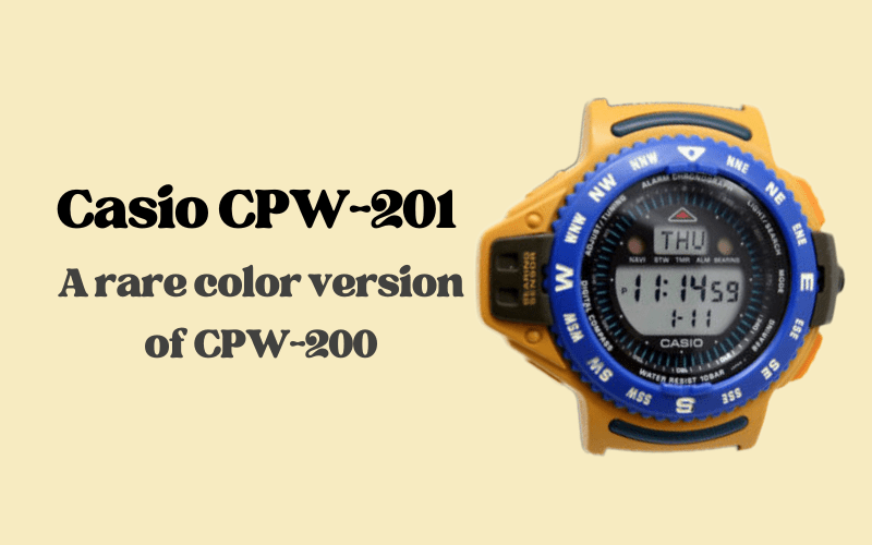 Casio CPW-201 digital compass watch in rare orange and blue color combination.