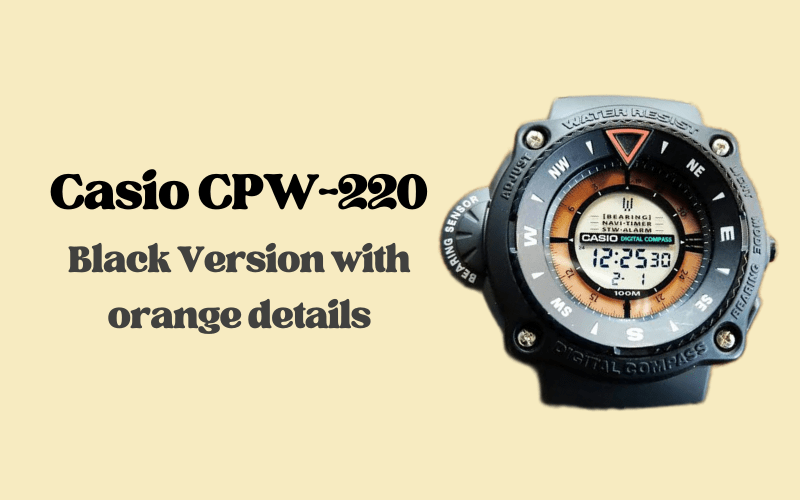 Casio CPW-220 black compass watch with orange accents and rugged outdoor design.