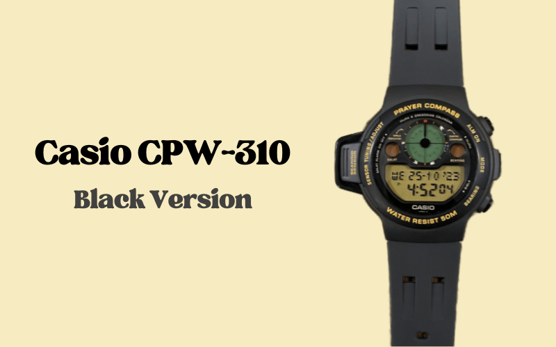 Casio CPW-310 black version digital watch with gold accents and prayer compass.