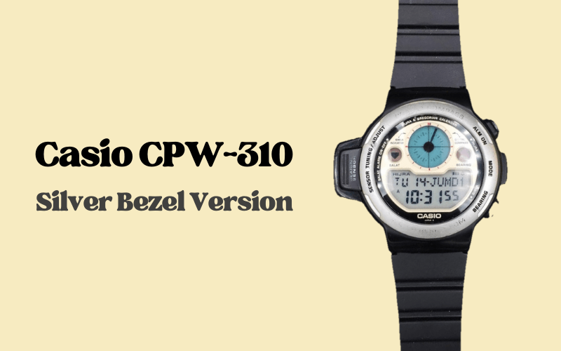 Casio CPW-310 digital watch with silver bezel and blue compass dial.