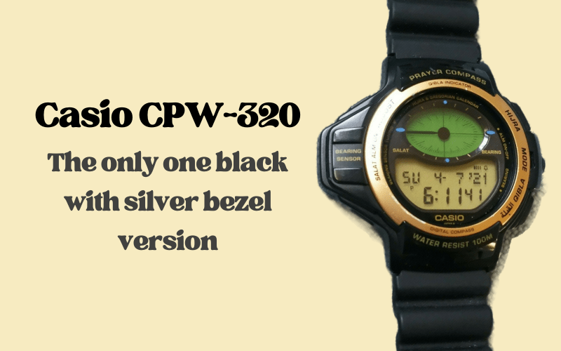 Casio CPW-320 prayer compass watch with black case and silver bezel shown close-up.