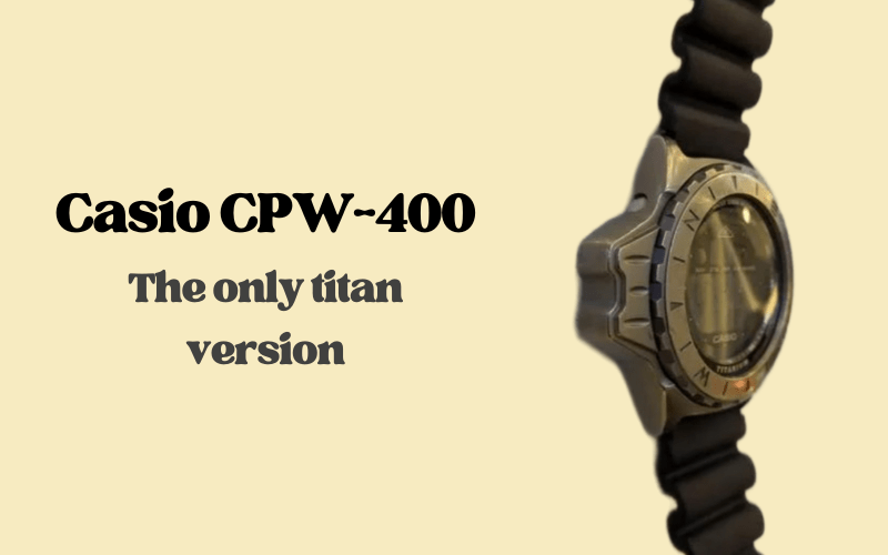 Casio CPW-400 titanium compass watch displayed from side angle with black strap.
