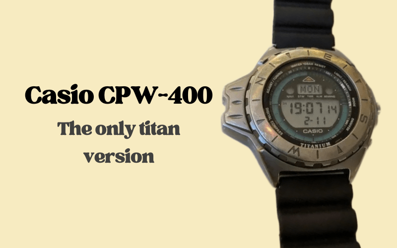 Casio CPW-400 titanium version watch with black resin strap shown in close-up.