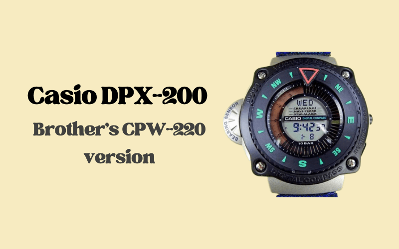 Casio DPX-200 compass watch with black bezel and green markings on fabric strap.