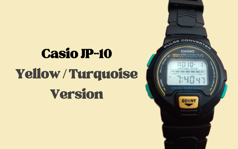 Casio JP-10 Pulse Converter watches from the 1990s with model information text.