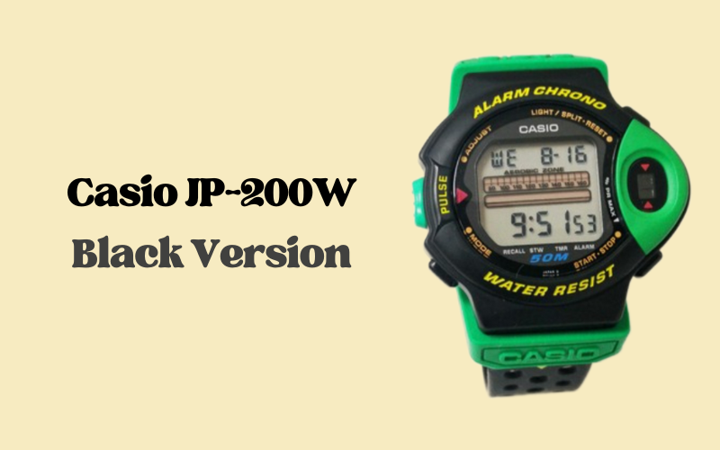Casio JP-200W watch in a black and green version with pulse monitor and stopwatch.