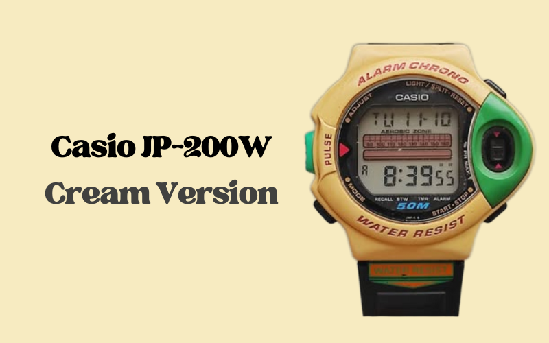 Casio JP-200W watch in a cream and green color combination with pulse monitor.