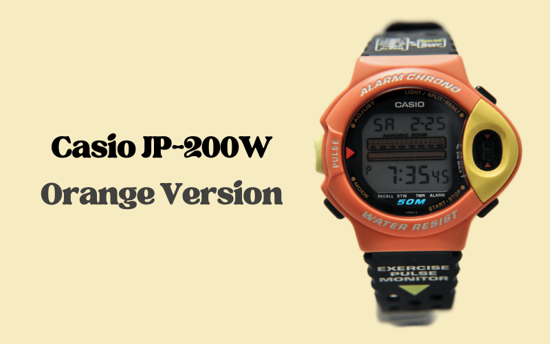 Orange Casio JP-200W watch with heart rate monitoring and alarm functions.