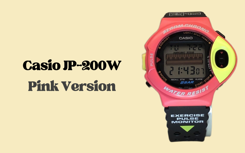 Pink Casio JP-200W watch with black strap and pulse monitor.