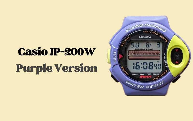 Purple and yellow Casio JP-200W digital watch with pulse monitor.
