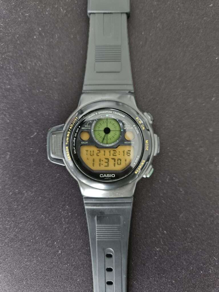 Casio CPW-310 digital wristwatch with green compass dial on black strap.