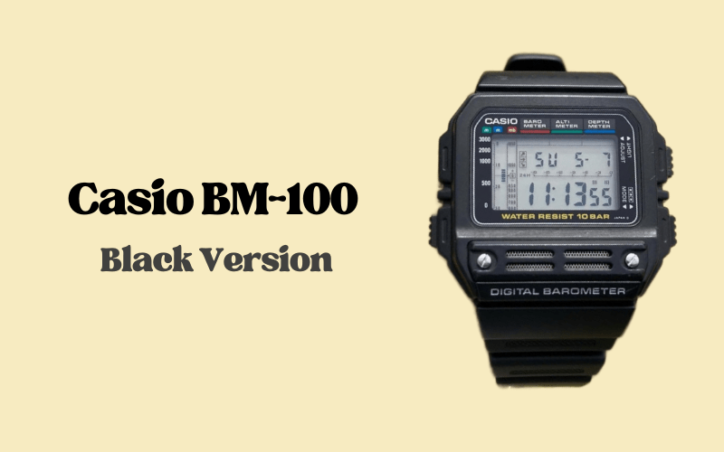 Casio BM-100 black digital barometer watch with square display.