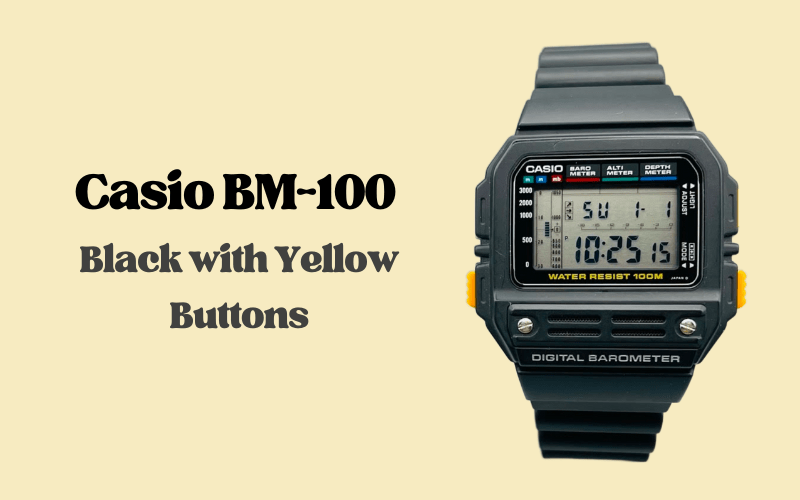 Casio BM-100 black watch with yellow side buttons and digital barometer.