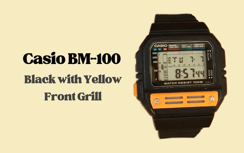 Casio BM-100 black model with yellow front grill and digital display.