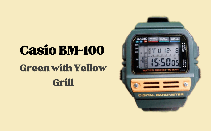 Casio BM-100 green watch with yellow grill and digital barometer.