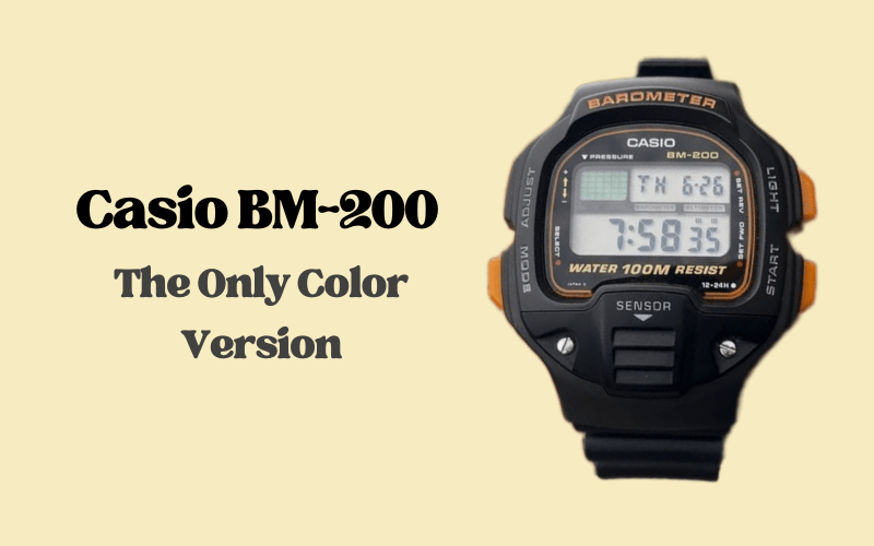 Casio BM-200 black and orange digital barometer watch.