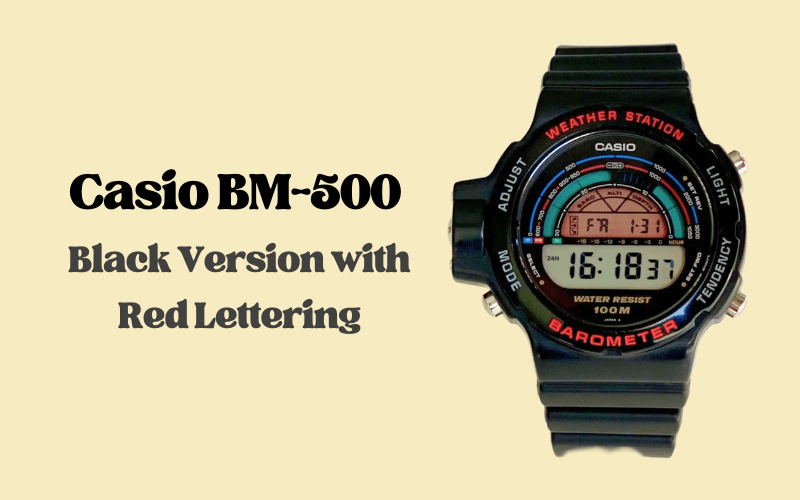 Casio BM-500 black digital watch with red barometer lettering.