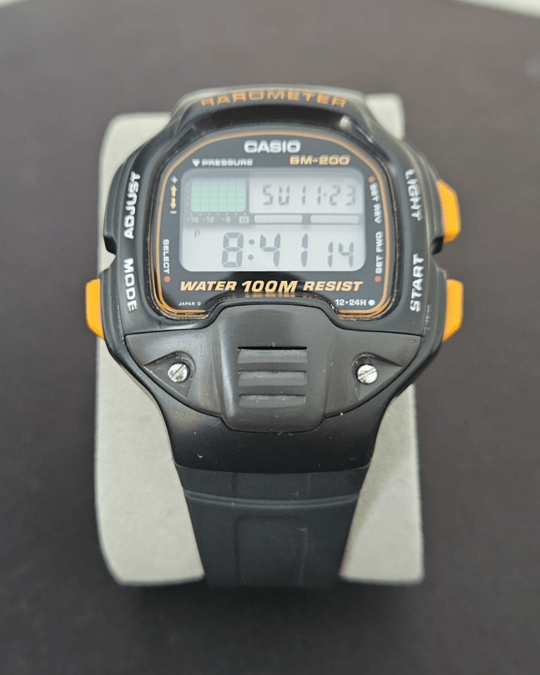 Studio-style shot of restored Casio BM-200 on display stand.