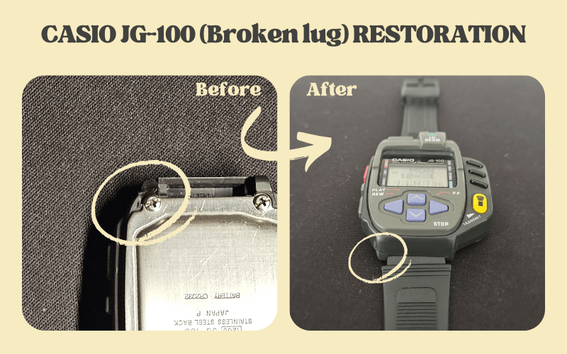 Casio JG-100 case back showing broken lug repair before and after.