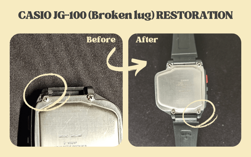 Restored Casio JG-100 rear lug area compared to damaged original.
