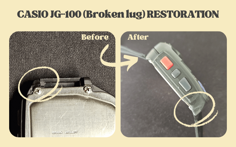 Casio JG-100 broken side lug repair before and after.
