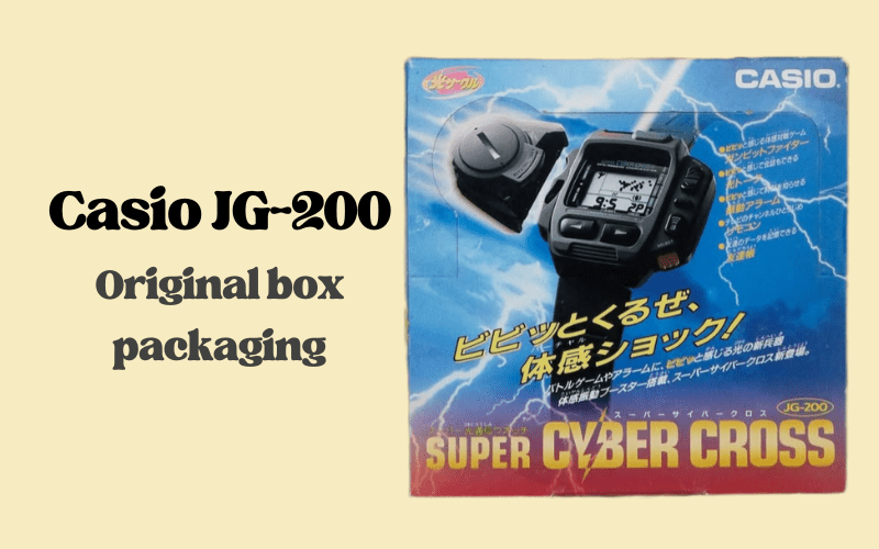 Front view of the original Casio JG-200 Super Cyber Cross box with lightning design.