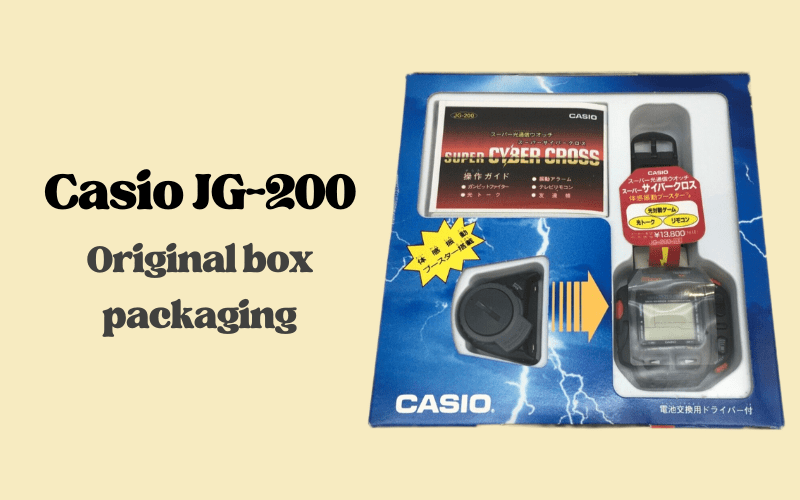 Inside view of the Casio JG-200 box with watch and sensor module displayed.