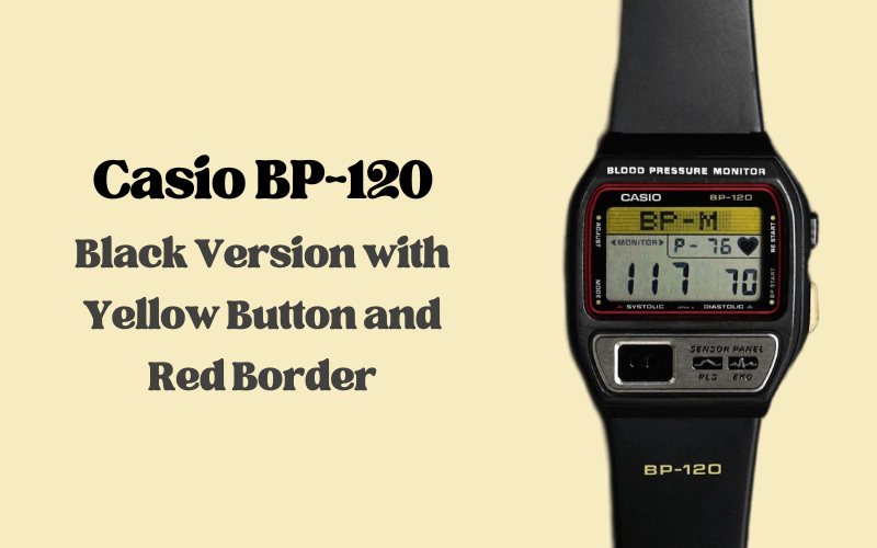 Casio BP-120 black digital watch with yellow sensor button and red bezel border.