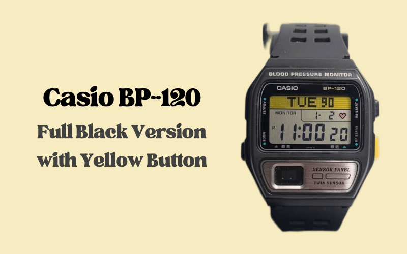 Casio BP-120 full black digital watch with yellow sensor button.