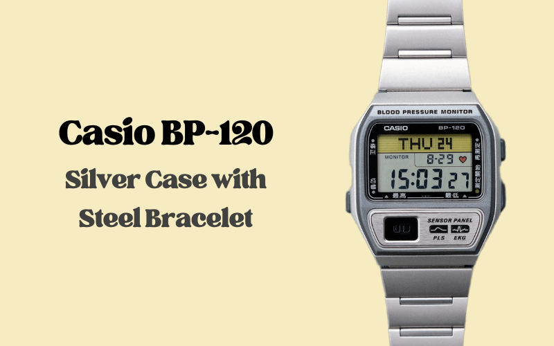Casio BP-120 silver case digital watch with stainless steel bracelet.