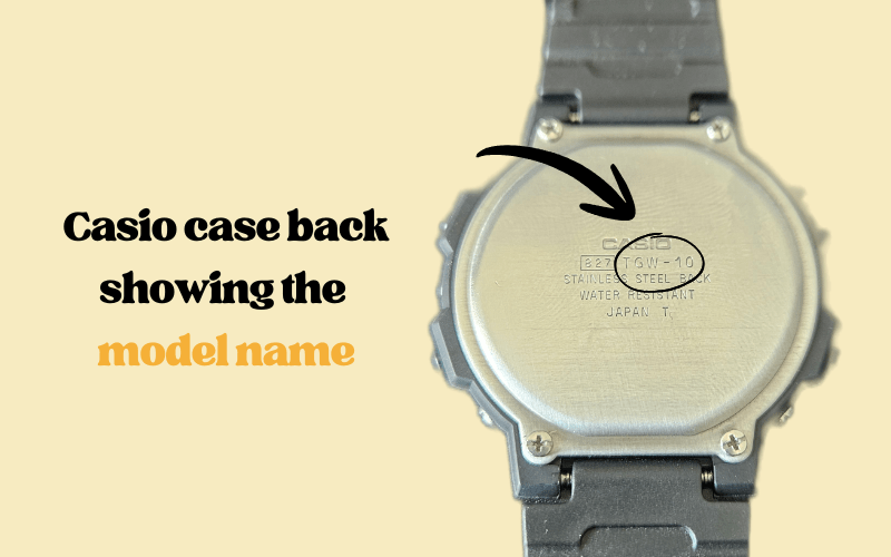 Casio watch stainless steel case back with engraved model name highlighted.