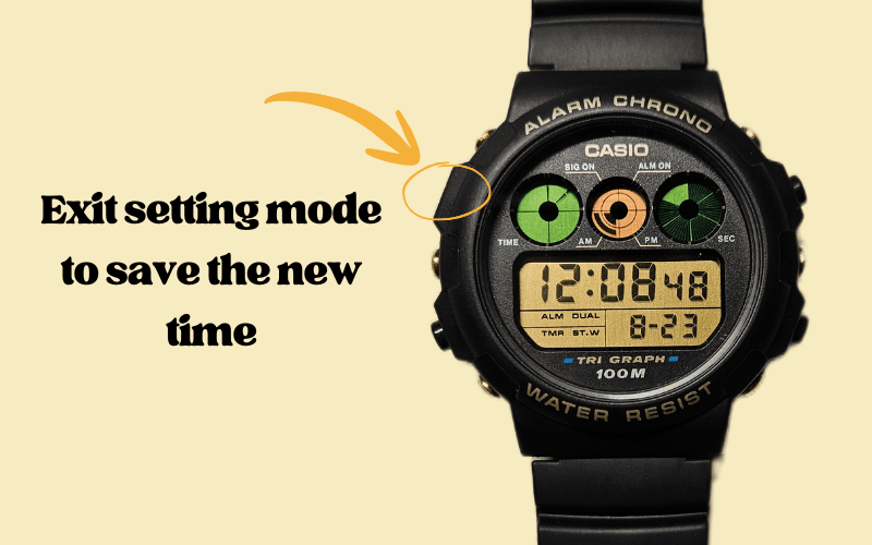 Casio digital watch with arrow pointing to button used to exit time setting mode and save the new time